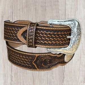 NWT Tony Lama Brown Leather Tooled Conch Men's Western Belt w/Buckle Size 34 New